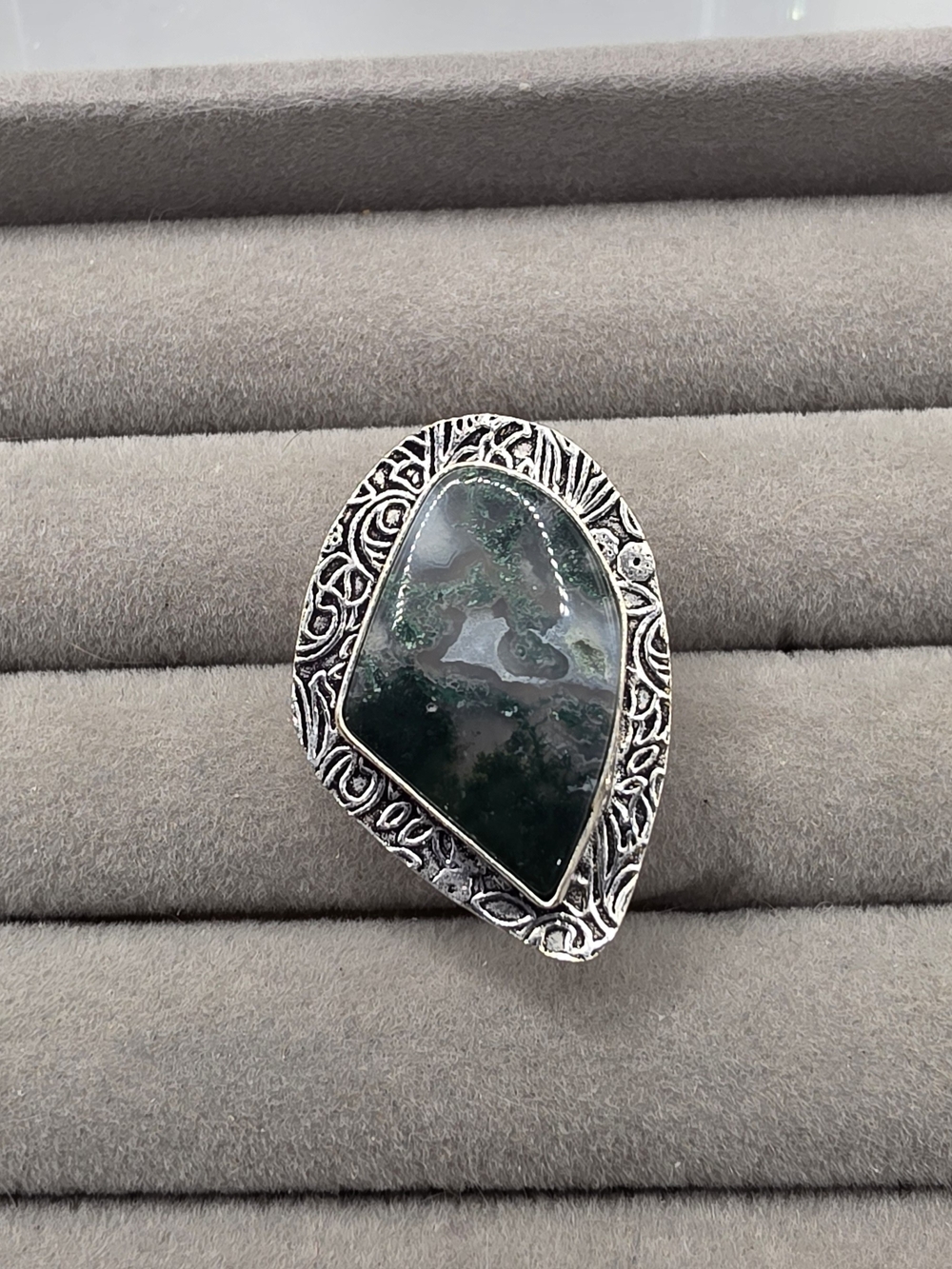 Silver Plated Green Moss Agate Statement Ring Size 6 1/4
